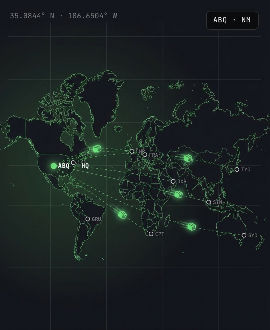 Global infrastructure map — Magicbox LLC HQ in Albuquerque, NM